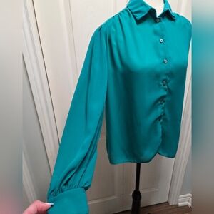 Vtg St Michael Sheer Bell Sleeve Teal Women's Blouse